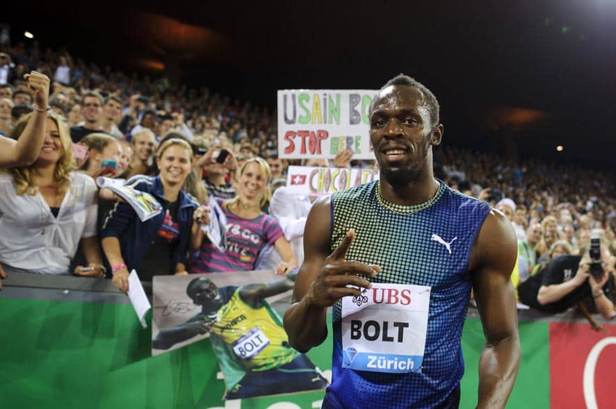 Usain Bolt from Jamaica reacts after winning the men`s 100m race, during the Weltklasse IAAF Diamond League international athletics meeting in the Letzigrund stadium in Zurich, Switzerland.