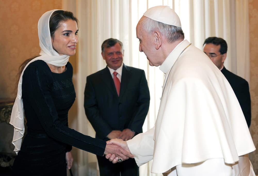 Pope Francis greets Queen Rania of Jordan on the occasion of the pontiff`s private audience with King Abdullah II and his wife Queen Rania, at the Vatican.