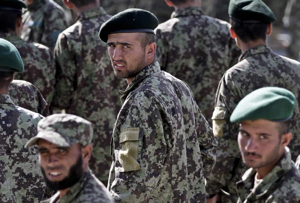 New Afghan Army recruits stand in formation during a graduation ceremony at the Afghan National Army base on the outskirts of Kabul, Afghanistan.