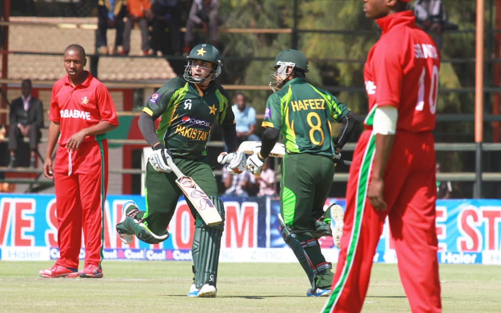 Pakistan batsman Nasir Jamshed and Muhammad Hafeez make a quick run during the one day international series against Zimbabwe in Harare.