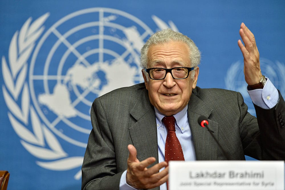 The UN Joint Special Representative for Syria Lakhdar Brahimi speaks on developments related to Syria during a press conference at the European headquarters of the United Nations in Geneva, Switzerland.