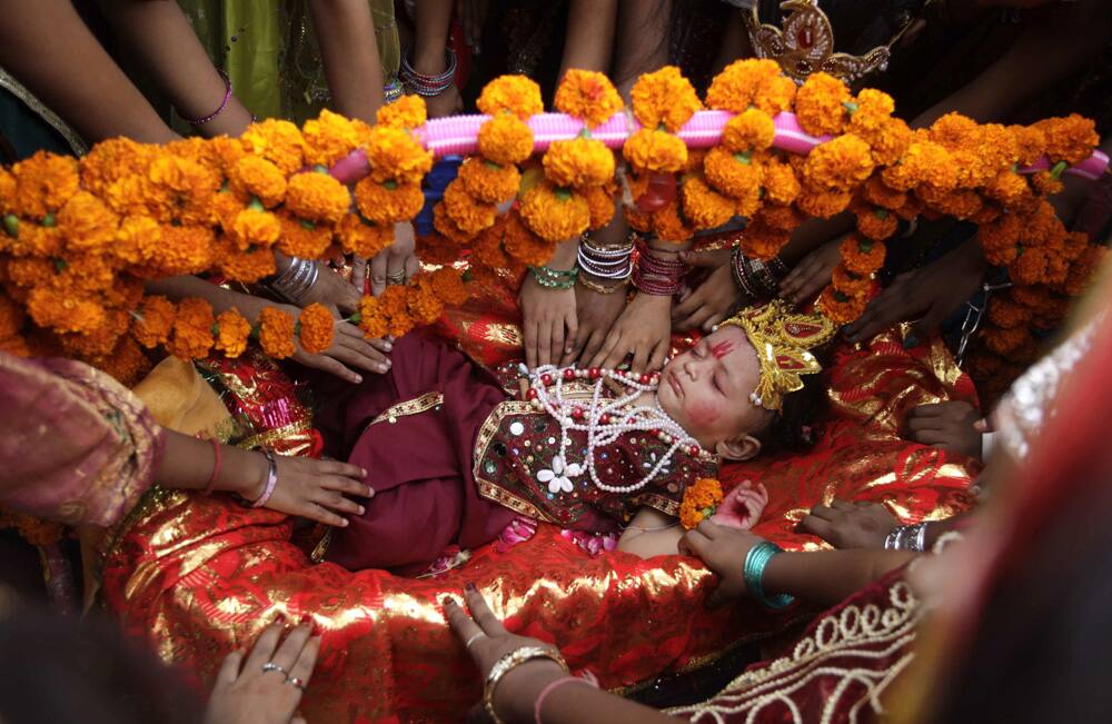 Students swing a child dressed as child Krishna in a cradle during celebrations of the Janmashtami festival at a school in Ahmadabad.