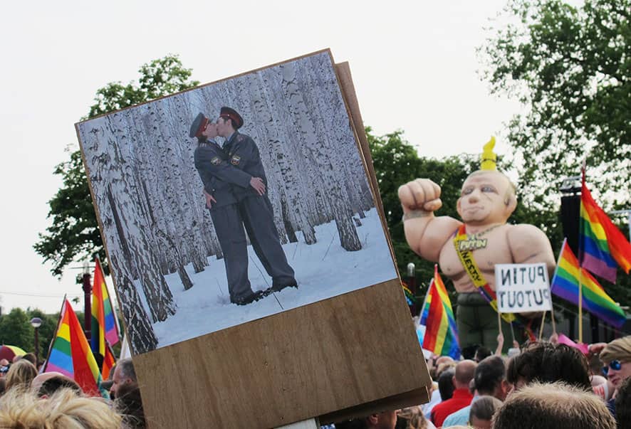 More than 2,000 gay rights supporters protesting at Museum Square in Amsterdam, waving rainbow flags and chanting slogans criticizing the Russian government`s homosexuality policies.