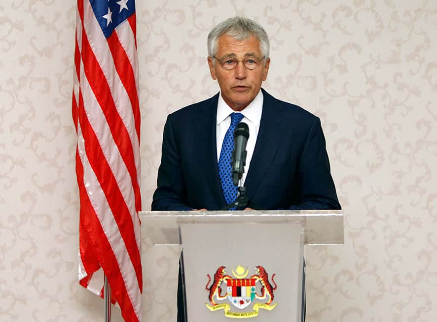 US Defense Secretary Chuck Hagel speaks during a joint press conference with Malaysian Defense Minister Hishammuddin Hussein in Kuala Lumpur, Malaysia.