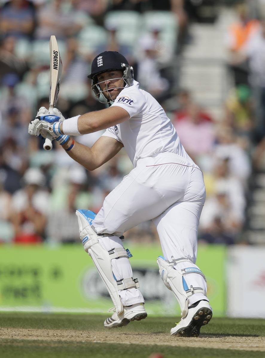 England`s Matt Prior plays a shot off the bowling of Australia`s James Faulkner during play on the fifth day of the fifth Ashes cricket Test at the Oval cricket ground in London.
