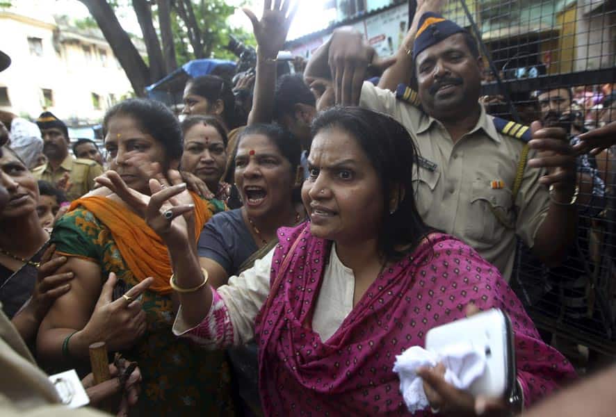 Hindu right-winged Shiv Sena activists shout slogans against the gang rape of a young photojournalist outside a court in the Indian financial hub of Mumbai.