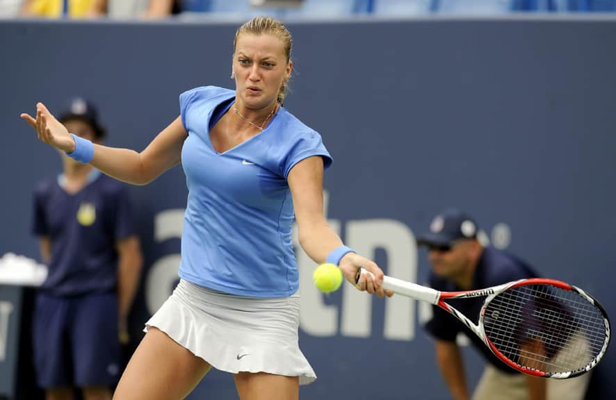 Petra Kvitova, of the Czech Republic hits a forehand during her victory over countrywoman Klara Zakopalova in their match at the New Haven Open tennis tournament in New Haven, Conn.
