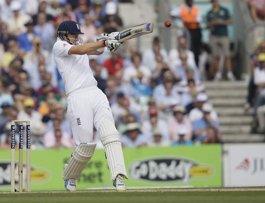 England`s Joe Root plays a shot off the bowling of Australia`s Ryan Harris during play on the third day of the fifth Ashes cricket Test at the Oval cricket ground in London.