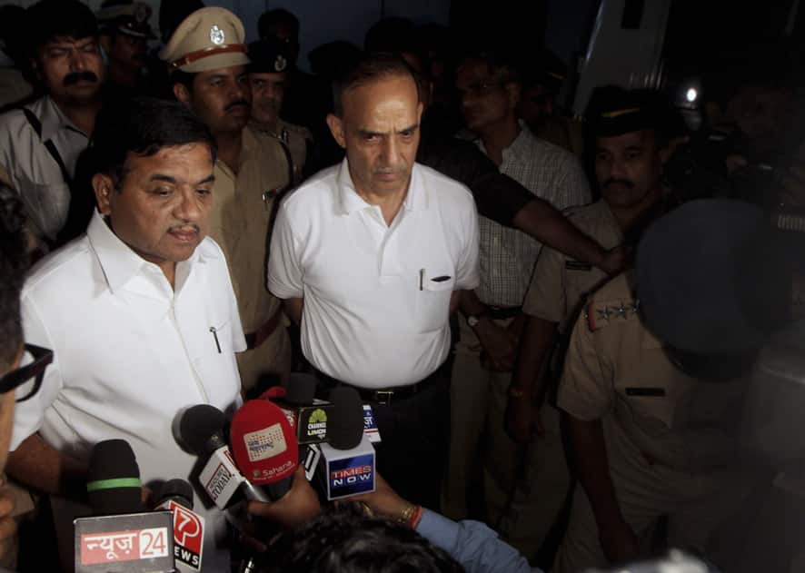 Maharashtra state home minister R.R. Patil and Mumbai Commissioner of police Satyapal Singh talk to the media at Jaslok Hospital where a 22-year-old woman photojournalist is admitted after she was allegedly gang raped in Mumbai.