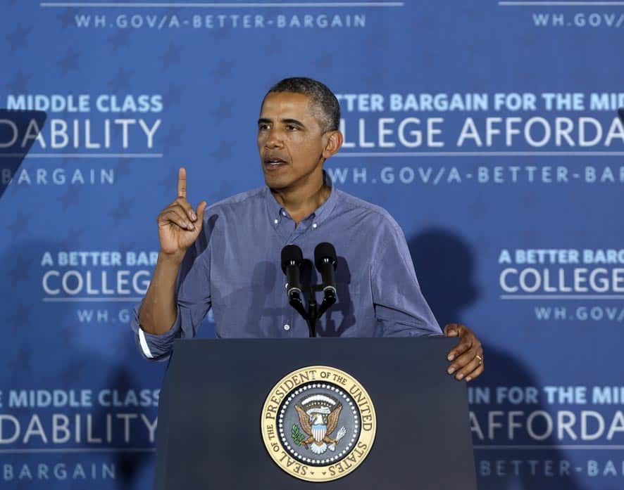 President Barack Obama speaks about affordable college education at Henninger High School, in Syracuse, N.Y. Obama is on a two-day bus tour in upstate New York and Pennsylvania.