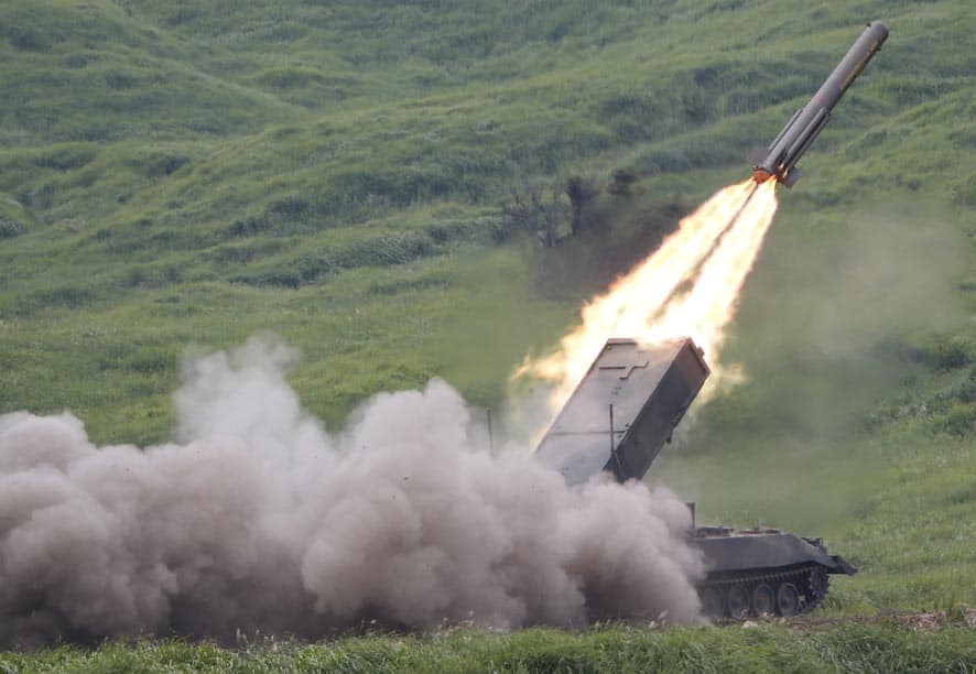A Japan Ground Self-Defense Force anti-land mine missile is launched during an annual live firing exercise at Higashi Fuji range in Gotemba, southwest of Tokyo.