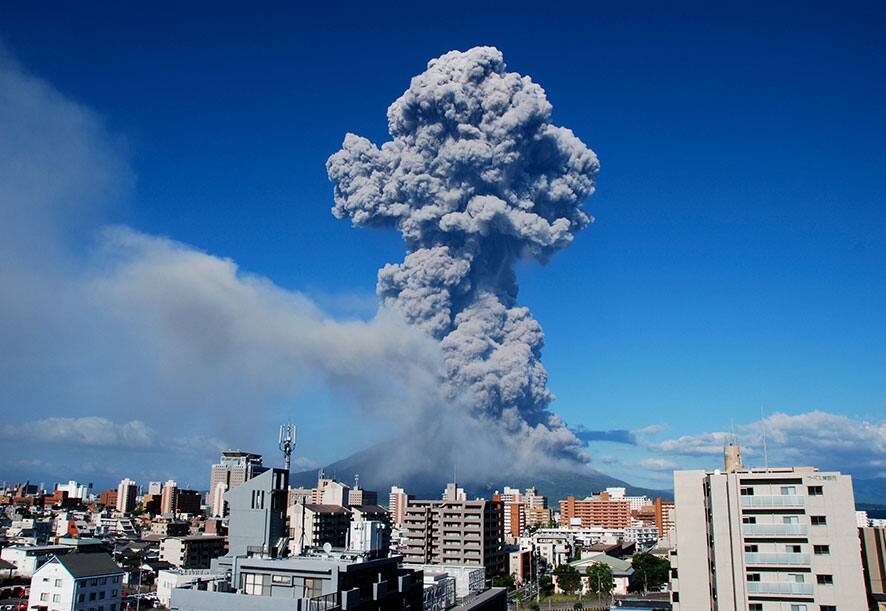 In this photo released by Kagoshima Local Meteorological Observatory, volcanic smoke billows from Mount Sakurajima in Kagoshima, on the southern Japanese main island of Kyushu.