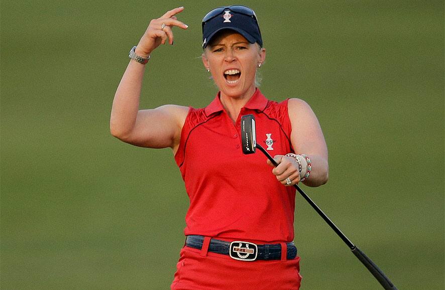 United States` Morgan Pressel reacts after missing a birdie putt on the 16th hole during a four-ball match at the Solheim Cup golf tournament in Parker, Colo.