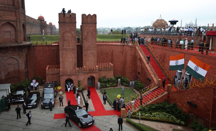 Prime Minister Manmohan Singh leaves the Red Fort after addressing the nation to celebrate India`s Independence Day, in New Delhi.