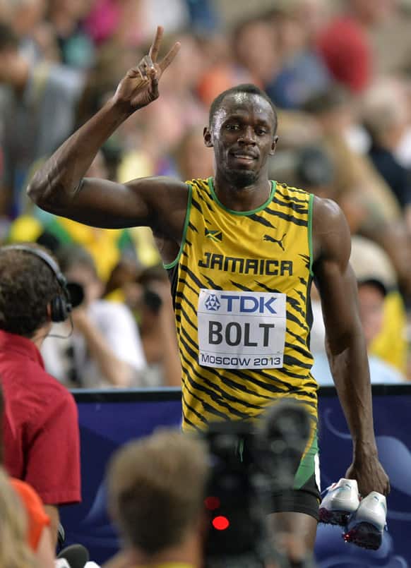 Jamaica`s Usain Bolt gestures after competing in a men`s 100-meter heat at the World Athletics Championships in the Luzhniki stadium in Moscow, Russia.