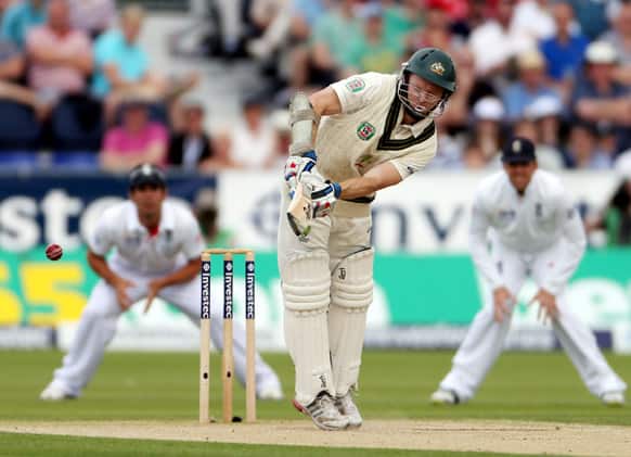 Australia`s David Warner plays a shot bowled by England`s Stuart Broad during the second day of the fourth Ashes series cricket match at the Riverside cricket ground, Chester-le-Street, England.