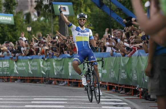 Michael Matthews, of Australia, celebrates his win in Stage 4 of the Tour of Utah cycling race.