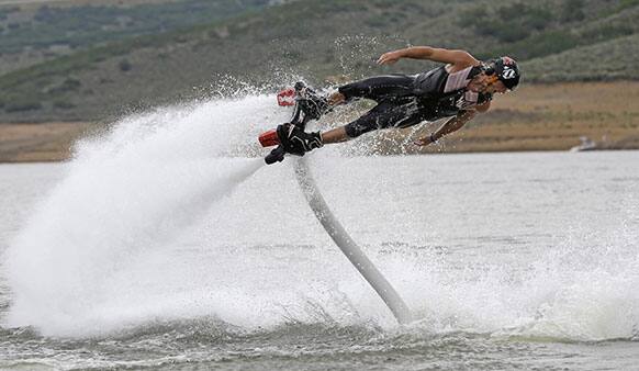 Rocky Mountain Flyboard instructor Chase Shaw demonstrates his flyboard, on the Jordanelle Reservoir, at Jordanelle State Park, Utah.