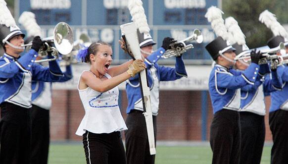 Members of the Les Stentors, from Sherbrooke, Quebec Canada perform during Drum Corps International World Championship Open Finals at Ames Field in Michigan City, IN.