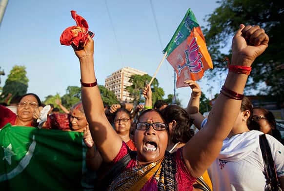 An activist of India’s main opposition Bharatiya Janata Party (BJP) shouts slogans during a protest against the death of five Indian army soldiers in cross-border exchanges, in Allahabad.