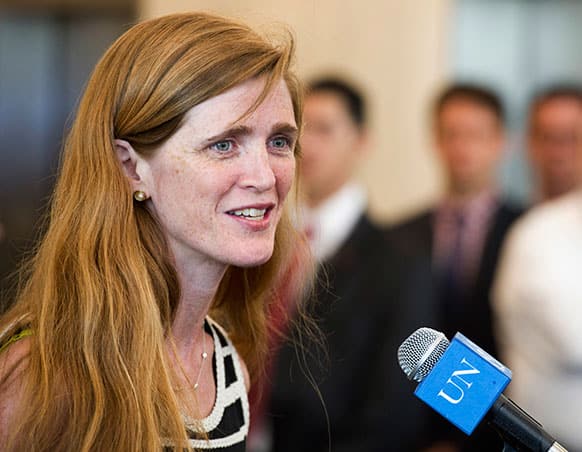 In a photo provided by the United Nations, the United States new ambassador to the UN Samantha Power speaks before presenting her credentials to UN Secretary General Ban Ki-moon, at UN headquarters.