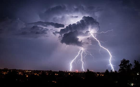 Lightning strikes from a cloud during a thunderstorm above the city of Goerlitz, eastern Germany.