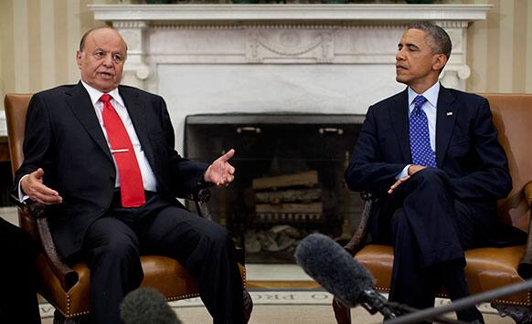 President Barack Obama and Yemen`s President, Abdo Rabby Mansour Hadi talk to the media as they meet in the Oval Office of the White House,in Washington.