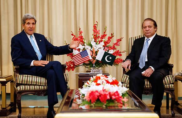US Secretary of State John Kerry meets with Pakistan`s PM Nawaz Sharif in Islamabad. Kerry was meeting Thursday with top Pakistani leaders, hoping the US can open a new chapter in Washington`s often testy relationship with Islamabad.