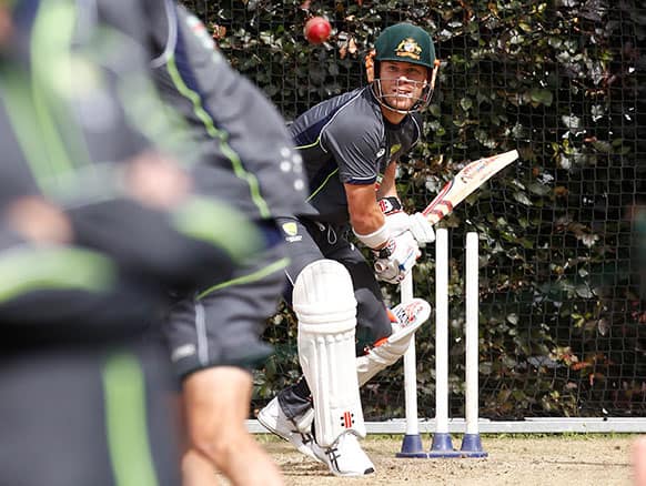 Australia`s David Warner bats at a nets session two days before the start of the third Ashes series cricket match against England at Old Trafford cricket ground, Manchester, England.