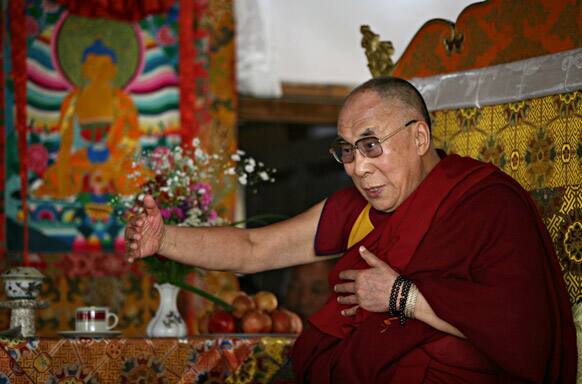 Tibetan spiritual leader the Dalai Lama speaks to Tibetan monks upon arrival in Leh. Dalia Lama on Monday arrived in Leh on 24 days spiritual retreat.