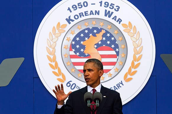 President Barack Obama speaks on occasion of the 60th anniversary of the end of the Korean War at a commemorative ceremony near the Korean War Veterans Memorial on the National Mall in Washington.