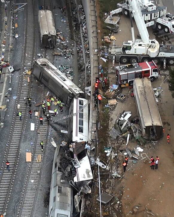 This aerial image taken from video shows a general view of the site of a train accident in Santiago de Compostela, Spain.