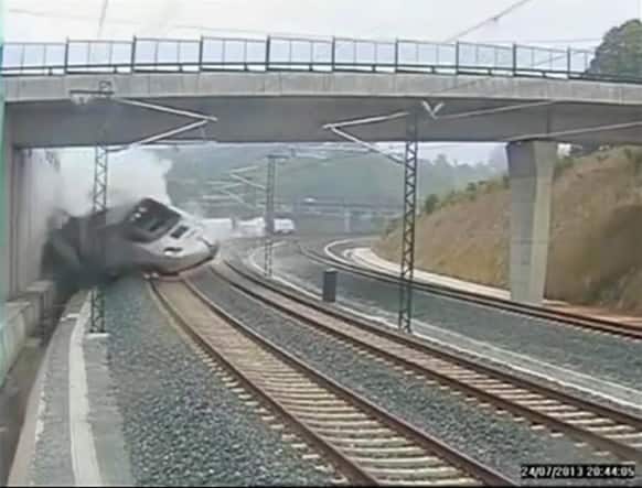 This image taken from security camera video shows a train derailing in Santiago de Compostela, Spain.