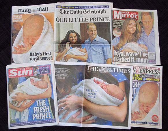A selection of British daily newspapers on Wednesday July 24, 2013 headlining the news of the birth of a son to Prince William and Kate, the Duke and Duchess of Cambridge. It was announced on Monday that Prince William`s wife Kate has given birth to a baby boy.