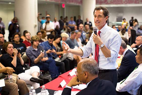 New York mayoral candidate Anthony Weiner speaks during the Gay Men`s Health Crisis Mayoral Forum on HIV/AIDS at the GMHC headquarters, in New York.