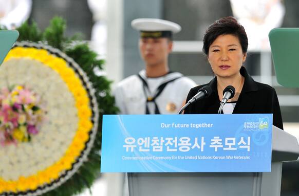 South Korean President Park Geun-hye speaks during a commemorative ceremony for the UN-Allied Nations Korean War Veterans at the UN Memorial Cemetery in the southeastern port city of Busan, South Korea.