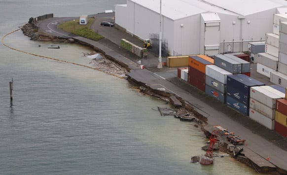 This aerial photo, shows the CentrePort container wharf in Wellington damaged as a result of a magnitude 6.9 earthquake that hit the capital of New Zealand.