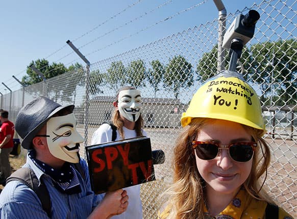 THE PROPERTY IS SUPPOSED TO BE USED BY THE NSA -A woman wears a helmet reading