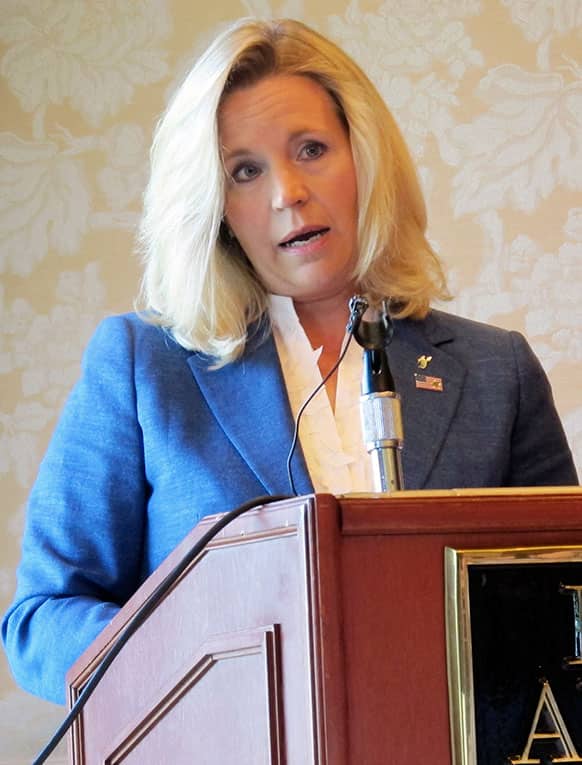 Liz Cheney addresses reporters, at the Little America Hotel in Cheyenne, Wyo. Cheney, daughter of former Vice President Dick Cheney, announced this week she intends to challenge incumbent Sen. Mike Enzi, R-Wyo.