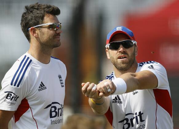 England`s James Anderson and Matt Prior attend a training session at Lord`s cricket ground in London.