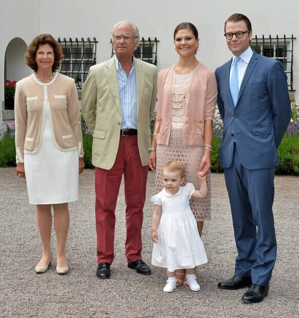Swedish Queen Silvia, King Carl XVI Gustaf, Crown Princess Victoria, Prince Daniel and their daughter Princess Estelle, at the courtyard of the royal family`s summer residence Solliden, on the island of Oeland, Sweden.