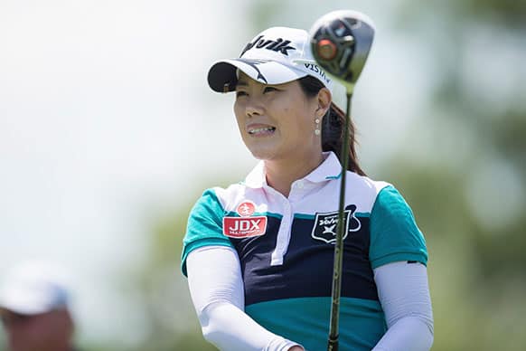 Meena Lee of South Korea hits off the 4th tee during the third round of the Manulife Financial LPGA Classic in Waterloo, Ontario.