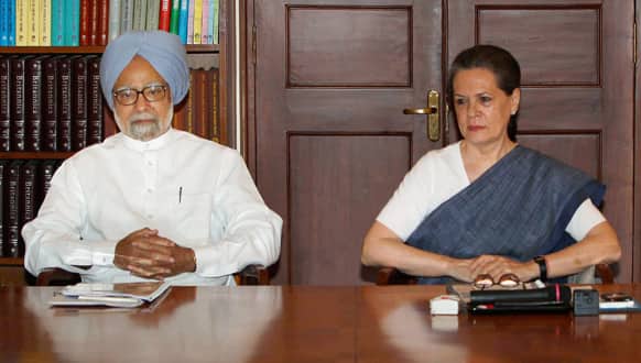 Prime Minister Manmohan Singh and Congress party President Sonia Gandhi attend a meeting in New Delhi.