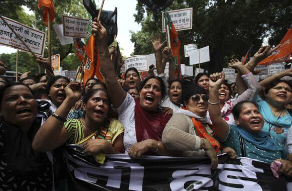 India`s main opposition Bharatiya Janata Party supporters shout slogans during a protest against rising inflation in New Delhi.