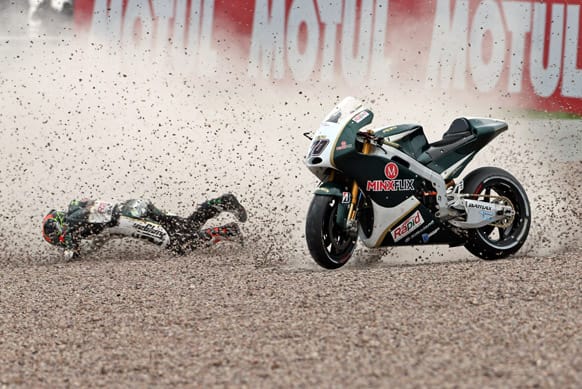 British MotoGP rider Michael Laverty of Paul Bird Motorsport team crashes during the free training session held at the Sachsenring race track near Hohenstein-Ernstthal, Germany.