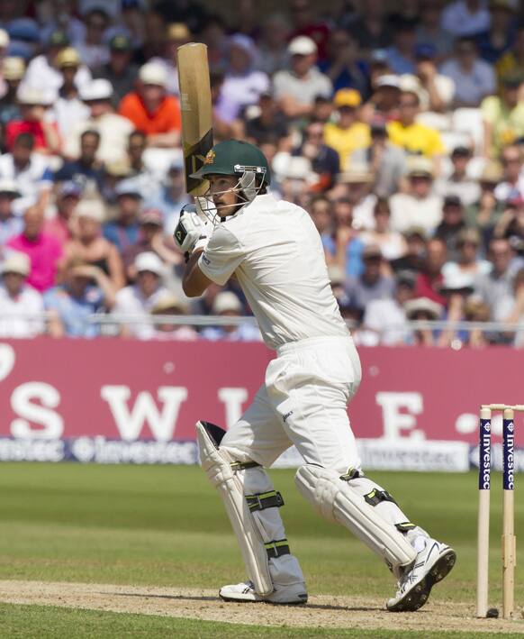 Australia`s Ashton Agar plays a shot off the bowling of England`s Steven Finn on the second day of the opening Ashes series cricket match at Trent Bridge cricket ground, Nottingham, England.