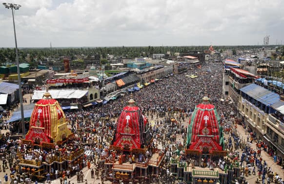 Hindu devotees gather for the annual Rath Yatra or Chariot procession of Lord Jagannath in Puri, 60 kilometers (37 miles) from the eastern Indian city of Bhubaneswar.