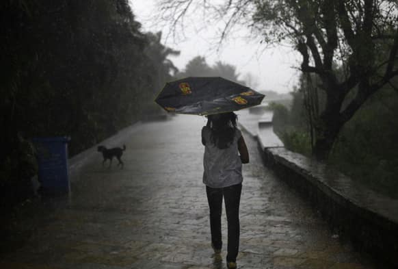 A girl`s umbrella gets folded upwards due to strong wind as she walks during monsoon rains in Mumbai.