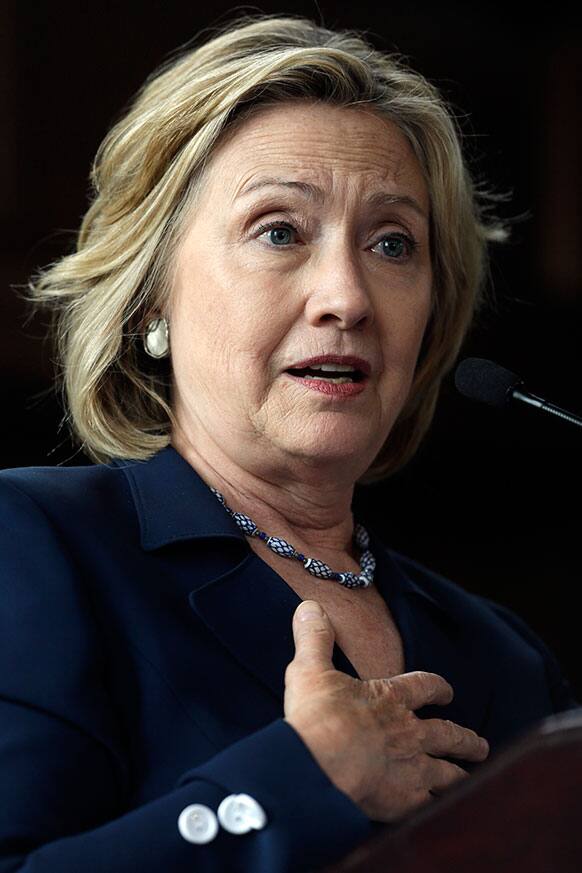 Former Secretary of State Hillary Clinton speaks during the Women in Public Service Project leadership symposium, at Bryn Mawr College in Bryn Mawr, Pa.