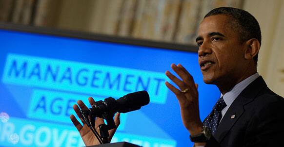 President Barack Obama outlines his vision for better government services delivered at lower taxpayer expense, in the State Dining Room of the White House in Washington.